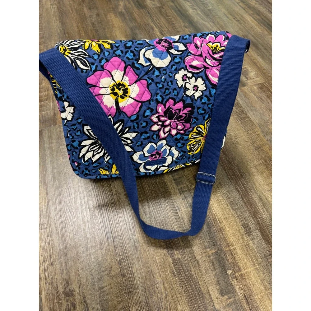Vera Bradley Floral Leopard Quilted Cotton Messenger Bag Blue Pink Crossbody